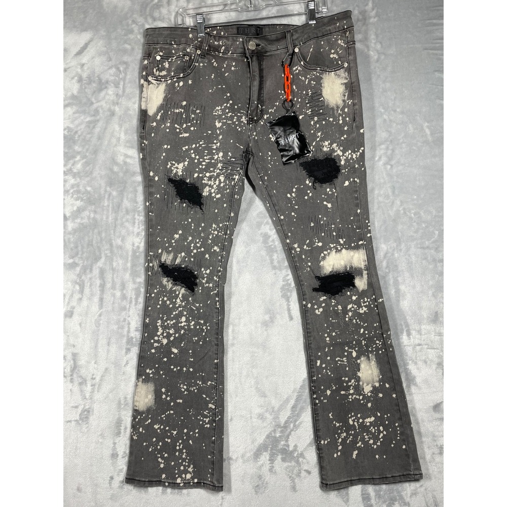 THRT Mens Grey Paint Splatter Distressed Flared Denim Jeans Size 40x33